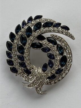 Avon 120th Anniversary Blue & Clear Rhinestone Brooch Silver Tone
